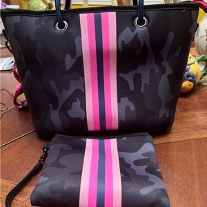 Blue Camo Neoprene Tote with Wristlet